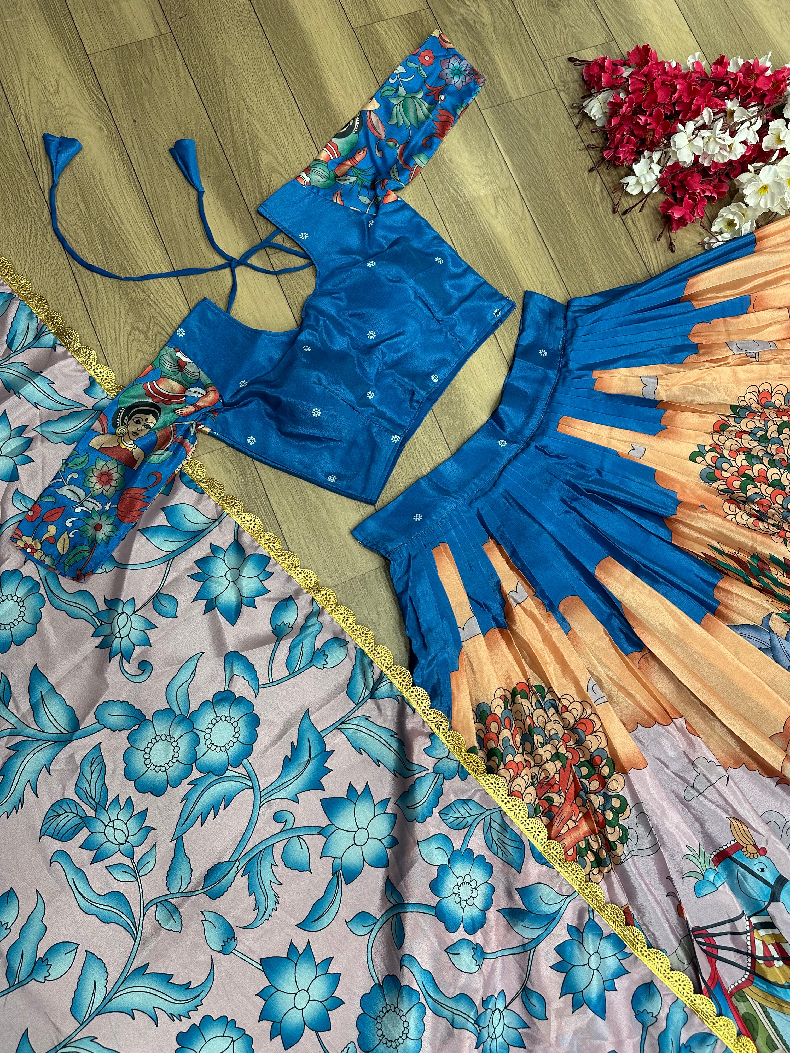Peacock Blue & Off White Cotton Kalamkari Half Saree – Shopzters